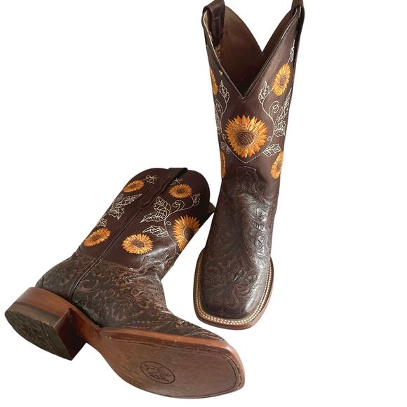 Reywelt Western Boots Embossed Leather Sunflower Embroidery Size 8 Square Toe - Picture 3 of 13